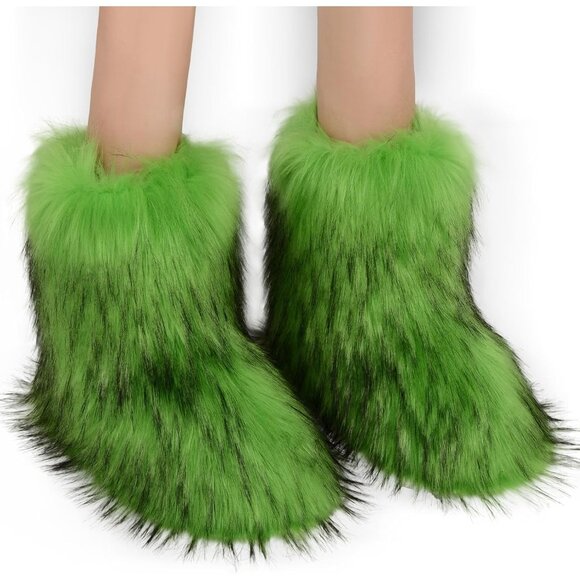 ⚡Women's Green Faux Fur Warm Boot Furry Short Snow Boot Mid Calf Boots - Picture 2 of 7